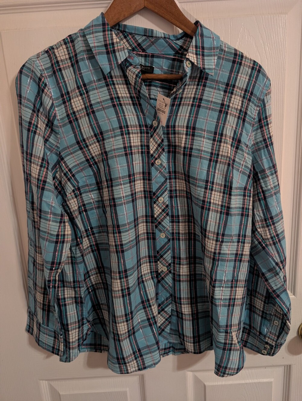 New Talbots Womens Top Blue Plaid Button Down Long Sleeve Size Petite Large LP